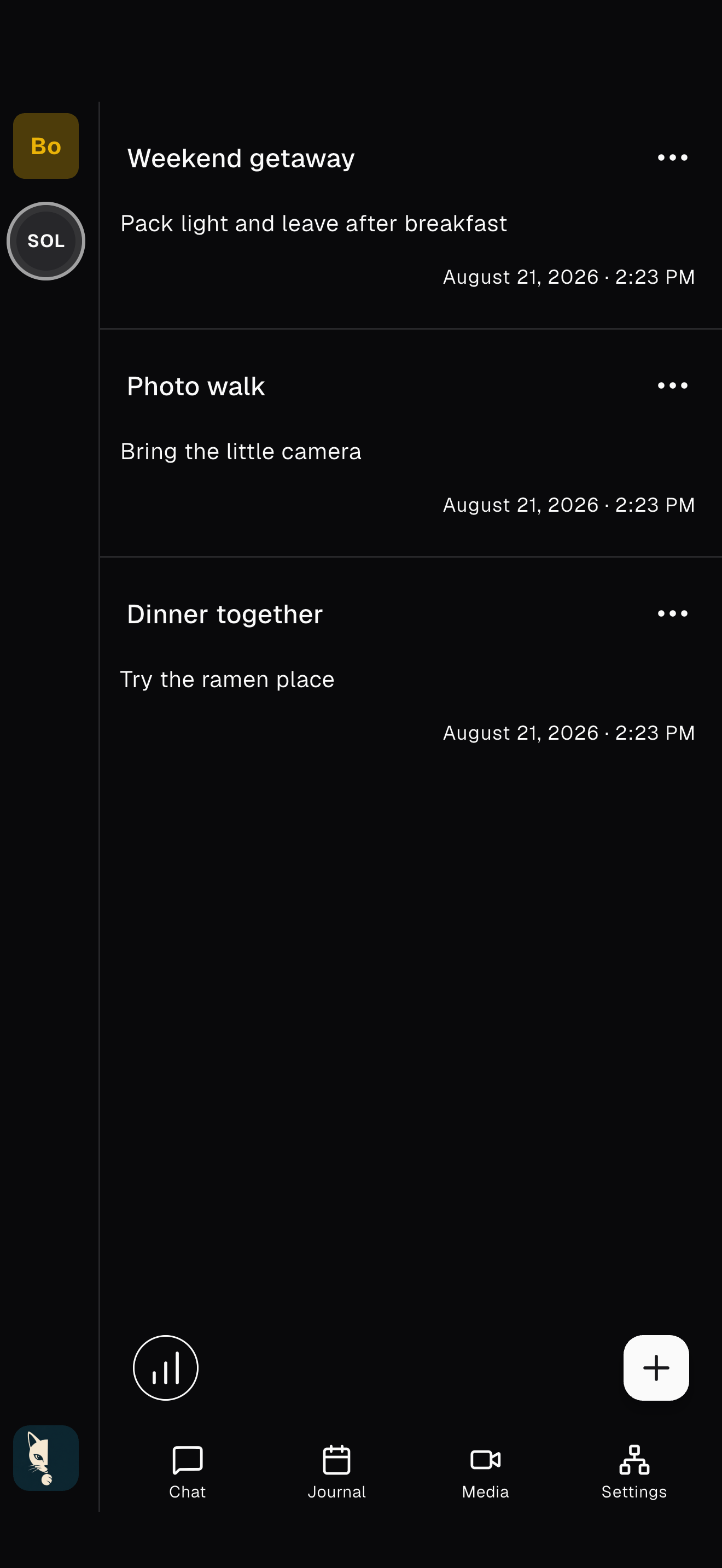 Whispurr Journal chronological feed with three shared events