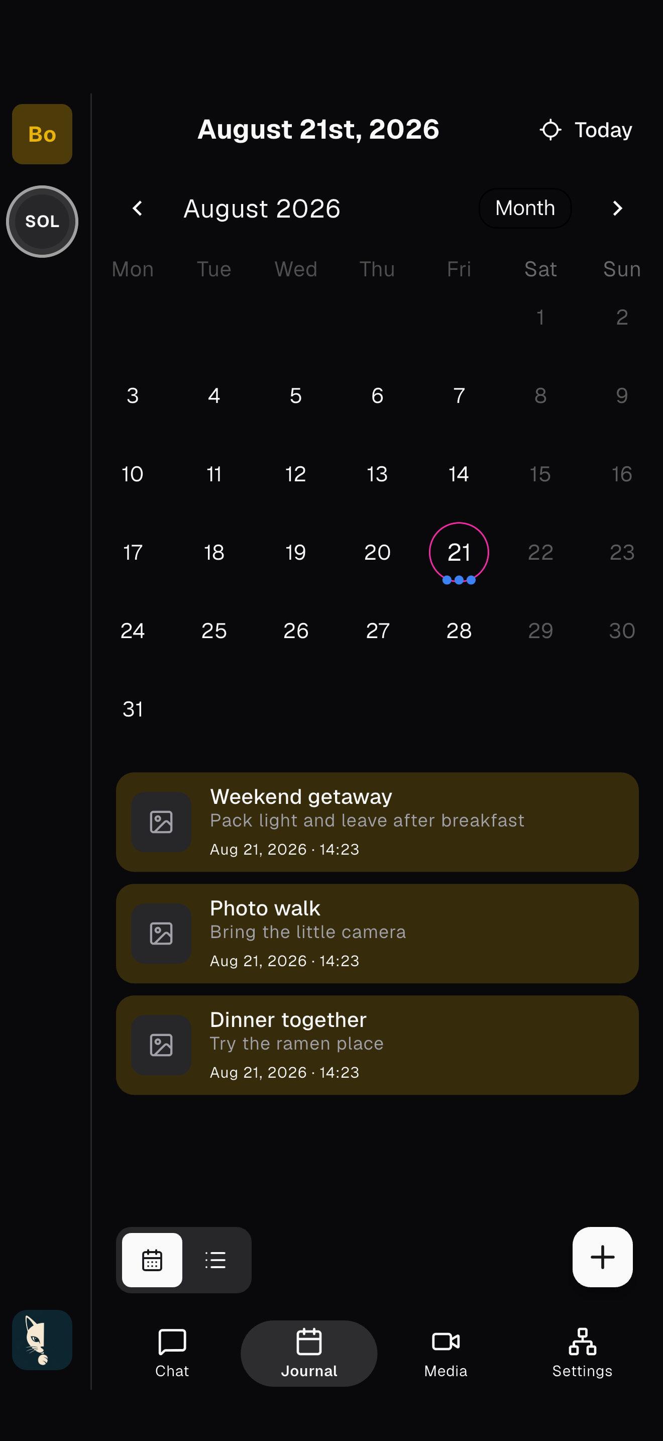 Whispurr shared journal with a calendar and plans for a weekend getaway, photo walk, and dinner