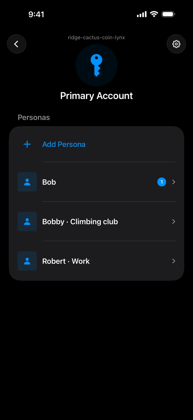 One account with three personas: Bob, Bobby for the climbing club, and Robert for work.